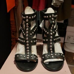 Studded Black Leather Gladiator Sandals